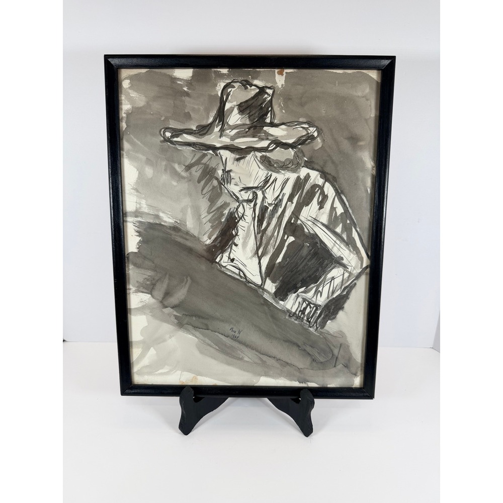 Vintage Framed Ink Wash Drawing "Mike W" 1964 Man in Hat Figure Artβ